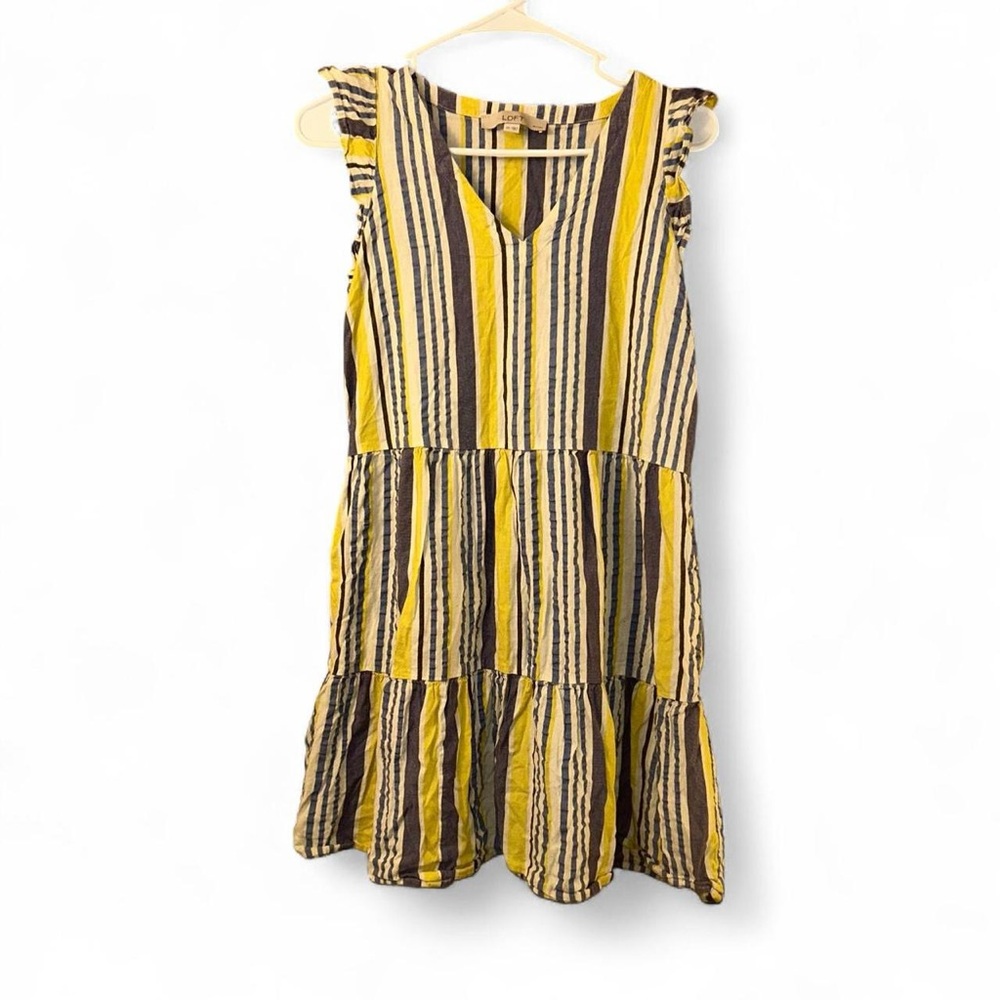 Loft Blue And Yellow Striped Ruffle Sleeve Dress Size SP - Picture 2 of 8